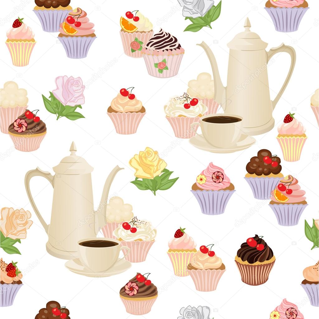Seamless pattern with coffee pot, cups, cakes and roses.