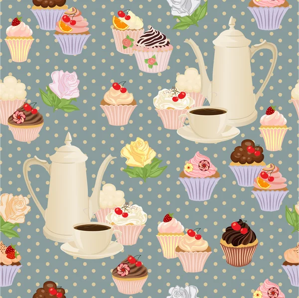 Nahtloses Muster mit Kaffeekanne, Tassen, Kuchen und Rosen. — Stockvektor