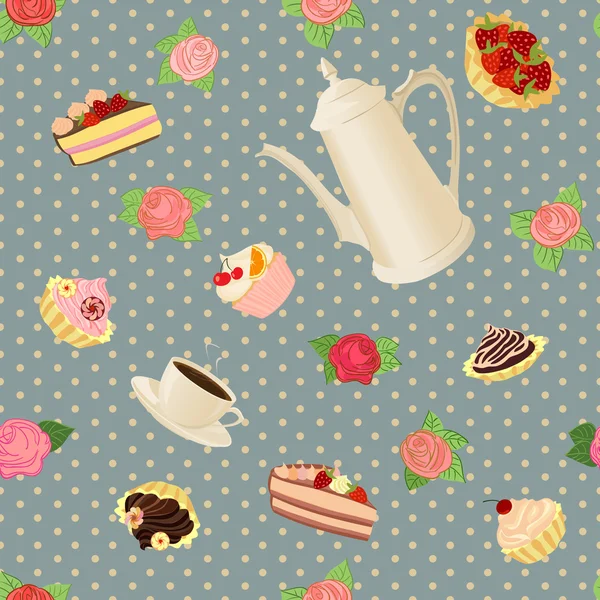 Nahtloses Muster mit Kaffeekanne, Tassen, Kuchen und Rosen. — Stockvektor