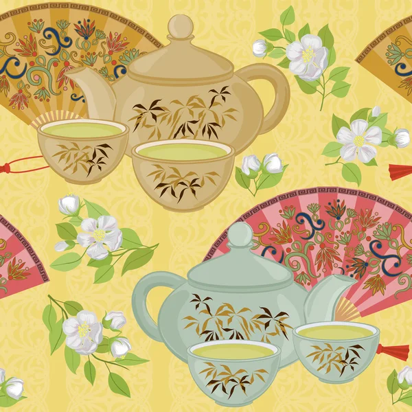 Seamless pattern with teapot, a small cup of green tea and fans. — Stock Vector