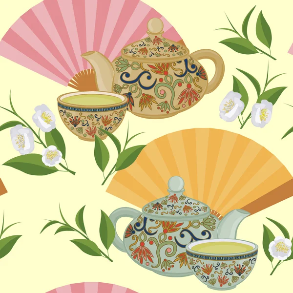 Seamless pattern with teapot, a small cup of green tea and fans. — Stock Vector