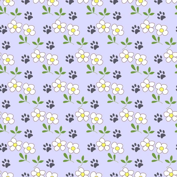 Seamless pattern with cartoon daisies and traces of cat paws. — Stock Vector