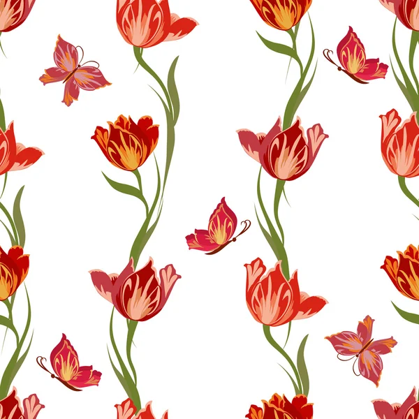 Seamless pattern with tulips and butterflies. — Stock Vector