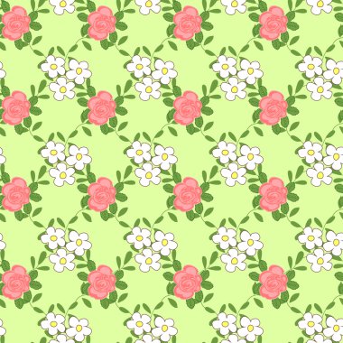 Çizgi film papatyalar ve gül ile Seamless Modeli.