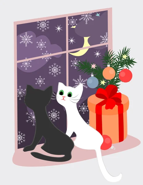 Weihnachtsthema mit Kätzchen und dem Geschenk am Fenster. — Stockvektor