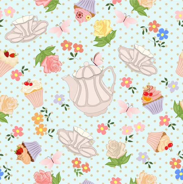 Seamless pattern with teapots, cups, cupcakes, flowers and butterflies. — Stock Vector