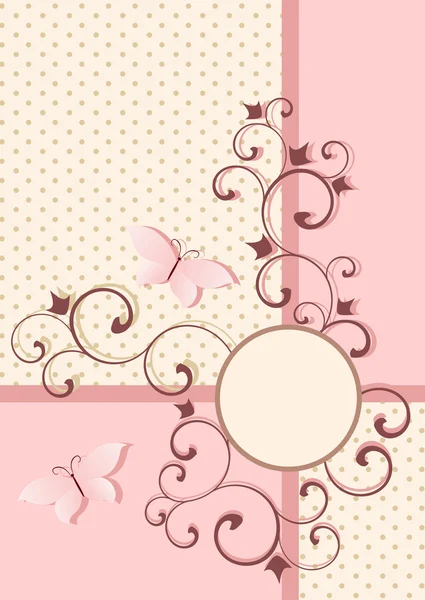 Bakgrund i rosa färger med vintage mönster och fjäril. — Stock vektor