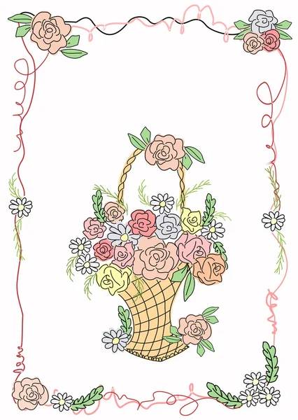 Kort med korg med blommor i tecknad stil. — Stock vektor