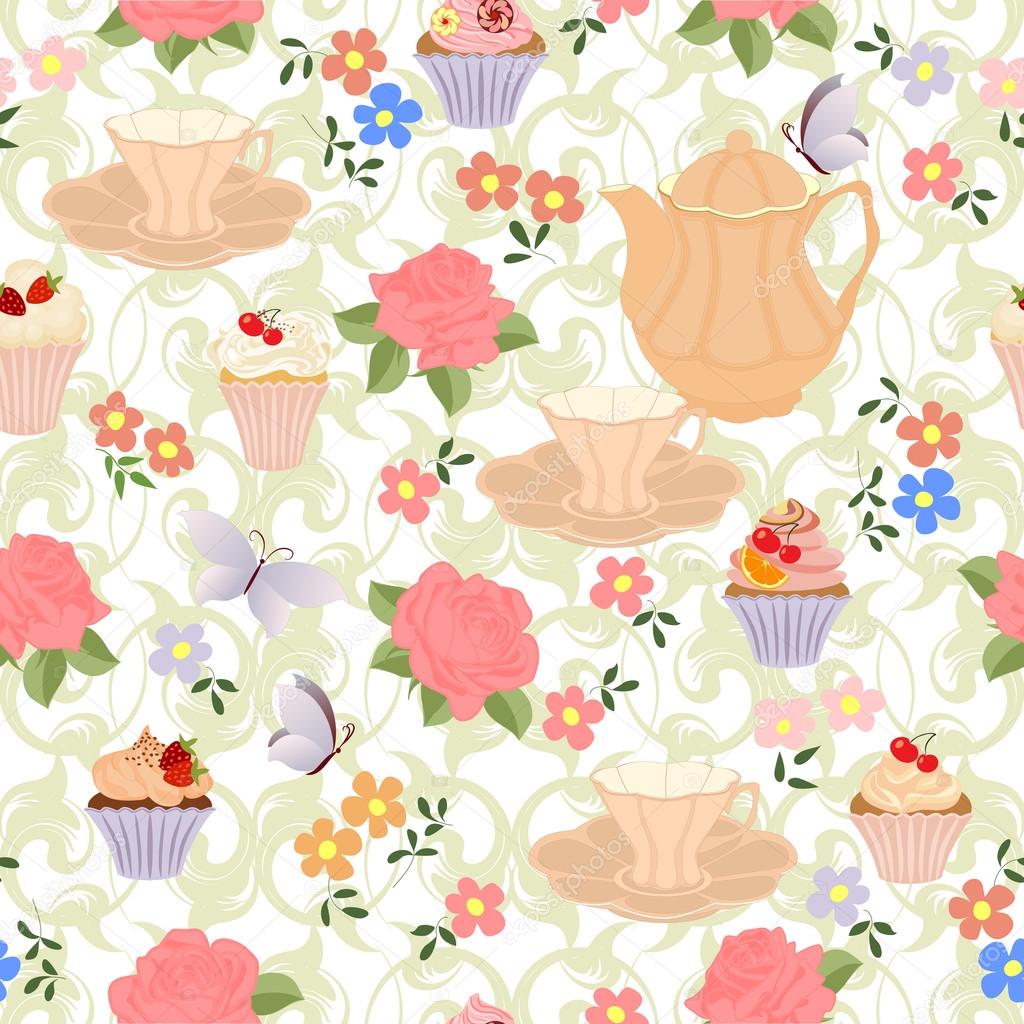 Seamless pattern with teapots, cups, cupcakes, flowers and butterflies.