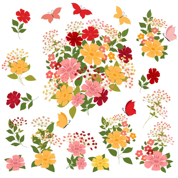 Vector set of flowers, butterflies and bouquets on a white background. — Stock Vector
