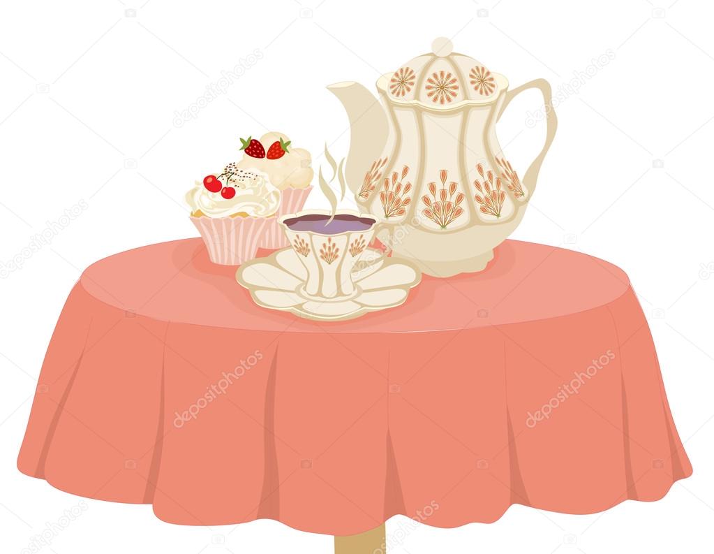 Kettle, Cup and cake of tea on the table.