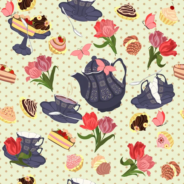 Vektor nahtloses Muster mit Tee, Tulpen und Schmetterlingen. — Stockvektor
