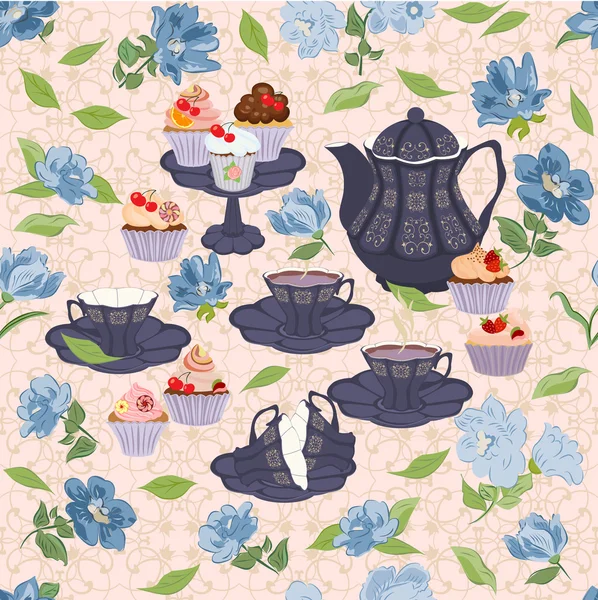 Seamless pattern with teapots, cups, cupcakes, flowers. — Stock Vector