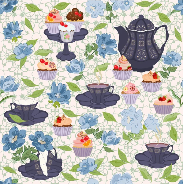 Naadloze patroon met theepotten, cups, cupcakes, bloemen. — Stockvector