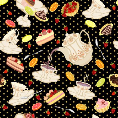 Desen uçan çay bardak, meyve ve tatlılar.