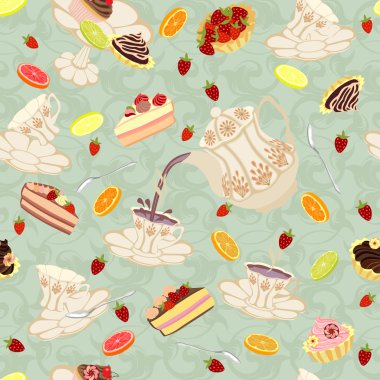 Desen uçan çay bardak, meyve ve tatlılar.