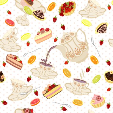 Desen uçan çay bardak, meyve ve tatlılar.