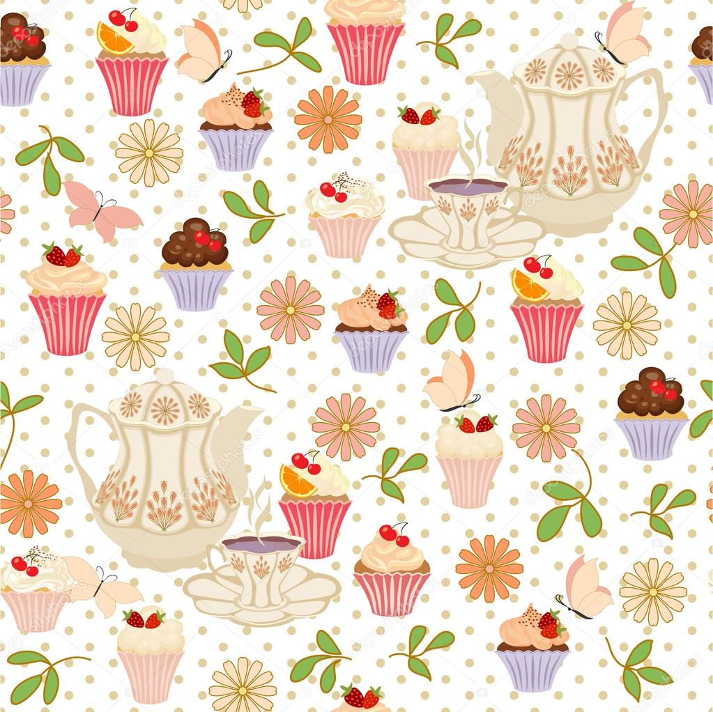 Vector seamless pattern with tea, daisies, butterflies.