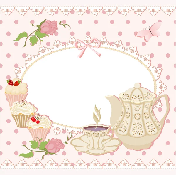 Background with teapot, Cup and cakes. — Stock Vector