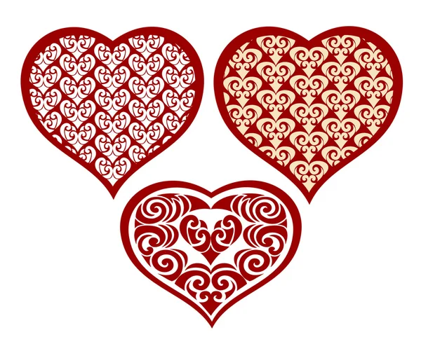 Conjunto de corazones con patrón de encaje . — Vector de stock