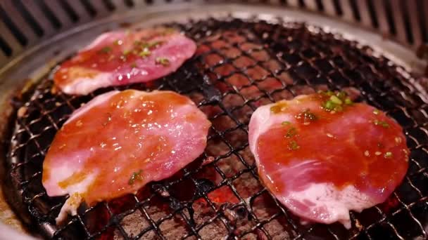 Varkensvlees barbecue op hete kolen. — Stockvideo
