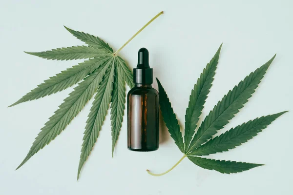 Cannabis Olaj Csepegtető Üveg Zöld Levelek Fehér Alapon Alternatív Gyógyászat — Stock Fotó
