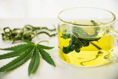 Masada bir bardak sıcak marihuana çayı. Kurumuş yapraklı kenevir çayı.