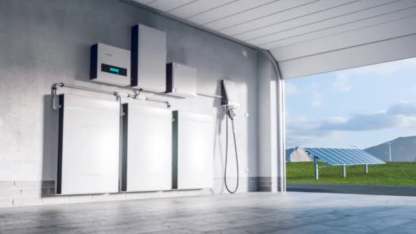 現代的なガレージに位置するリチウムイオン電池パックをベースとした家庭用エネルギー貯蔵システムの概念は 太陽光発電所や風力タービンファームと広大な風景を眺めます 3Dレンダリング — ストック動画