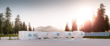 Modern konteynır hidrojen depolama enerji santrali sistemine güneş panelleri ve arka planda St. Helens Dağı 'nın bulunduğu rüzgar türbini sistemi eşlik ediyor. 3d oluşturma.