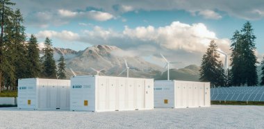 Modern container battery energy storage power plant system accompanied with solar panels and wind turbine system situated in nature with Mount St. Helens in background. 3d rendering. clipart