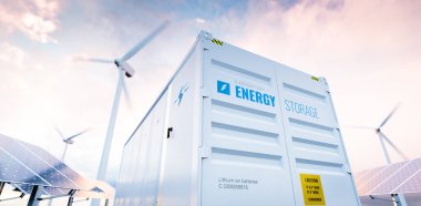 Conceptual image of a modern battery energy storage system with wind turbines and solar panel power plants in background. 3d rendering clipart