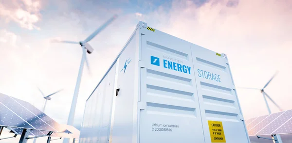 Conceptueel Beeld Van Een Modern Batterijopslagsysteem Met Windturbines Zonnecentrales Achtergrond — Stockfoto