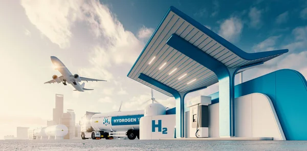 氢能的未来 以卡车 喷气式飞机和城市为背景的氢气站 3D渲染 — 图库照片