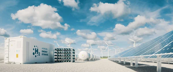 Moderne Wasserstoffspeicher Mit Großem Solarkraftwerk Und Windkraftpark Bei Sonnigem Sommernachmittagslicht — Stockfoto