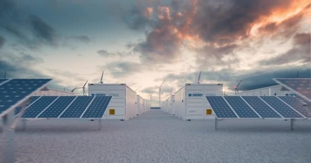 Batteriespeicherkraftwerk Begleitet Von Solar Und Windkraftanlagen Rendering Clip — Stockvideo