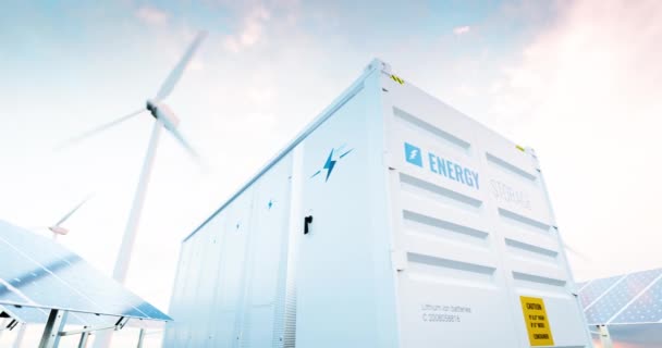 以风力涡轮机和太阳能电池板发电厂为背景的现代蓄电池系统 3D渲染夹 — 图库视频影像