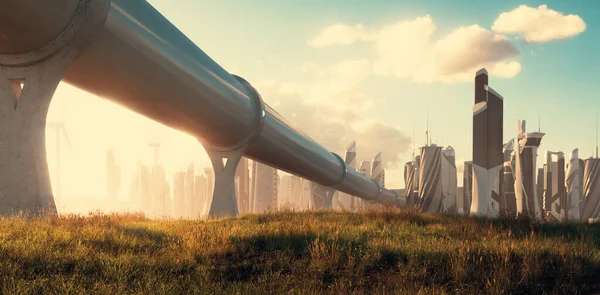 Concept Travelling Hyperloop Tube Leading Futuristic City Illuminated Beautiful Golden — Stock Photo, Image