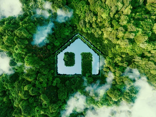 概念描绘了发展可持续建筑技术和绿色生活的新的可能性 其形式是位于茂密森林中的一个房屋形池塘 3D渲染 — 图库照片