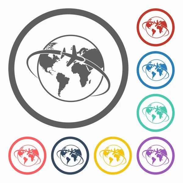 Vliegtuig rond de wereld-pictogram — Stockvector