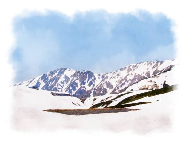 Suluboya tarzı kar dağı manzarası resimleme arkaplanı