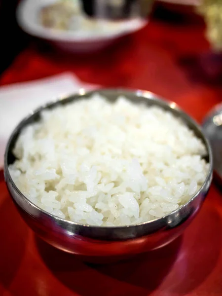 Rice Metal Bowl Red Table — Stock Photo, Image