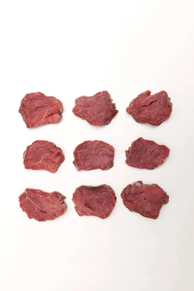 Juicy Pieces Meat Top View Beef Tenderloin Steaks Lie Rows — Stock Photo, Image