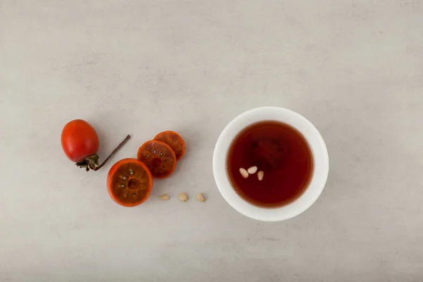 Sujeonggwa Tradicional Fruta Coreana Ponche Caqui Superficie Piedra Clara Vista — Foto de Stock