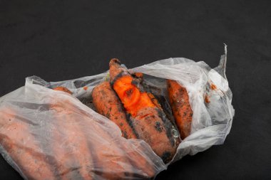 Plastik torbada çürük havuç. Uygun olmayan yiyecek deposu. Çirkin küflü sebzeler. Konsept - organik atıkların azaltılması. Koyu dokulu arkaplan, seçici odak, kopyalama alanı.
