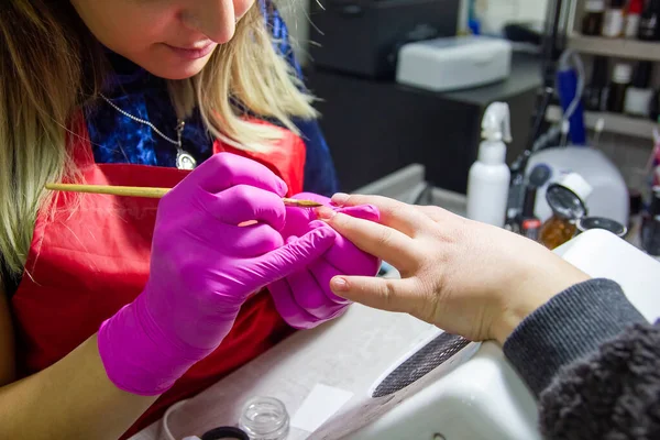 professional manicurist doing nail polish in beauty salon, professional manicurist at work