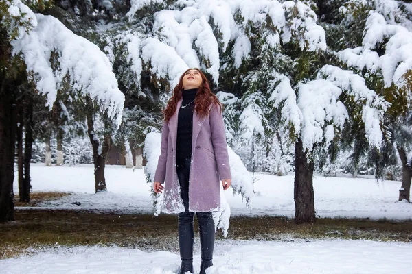 Chica Bonita Bosque Invierno Mujer Joven Parque Invierno — Foto de Stock