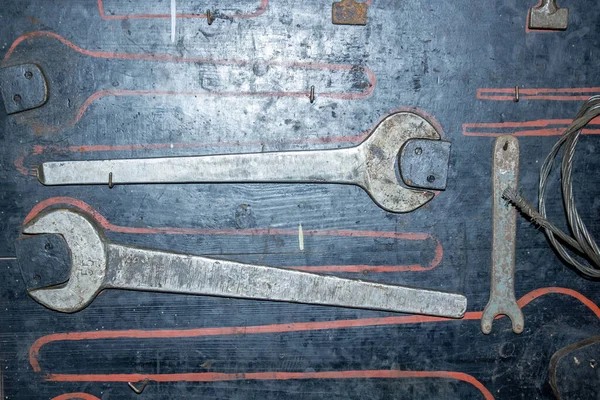 Iron Tools Black Board Set Tools Wood — Stock Photo, Image