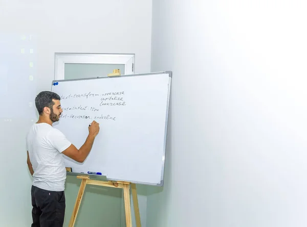 teacher in front of whiteboard, the teacher writing on whiteboard