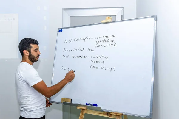 teacher in front of whiteboard, the teacher writing on whiteboard