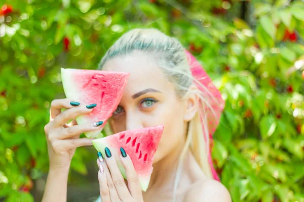 Pretty Young Woman Watermelon Garden Pretty Girl Watermelon — Stock Photo, Image